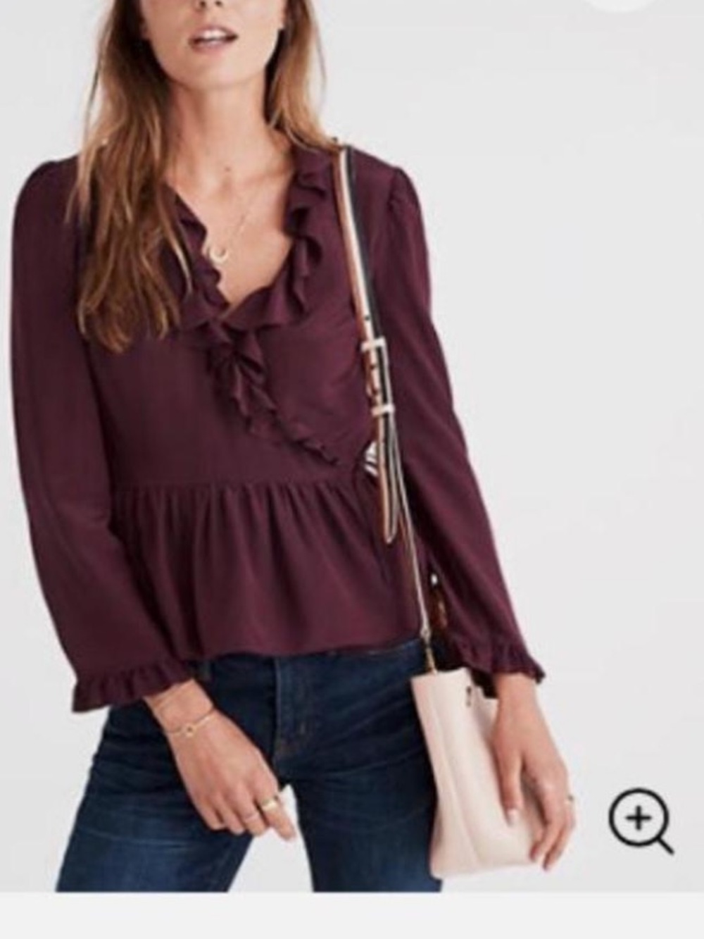 Madewell Silk Ruffle V-Neck Long Sleeve Peplum Top - Burgundy